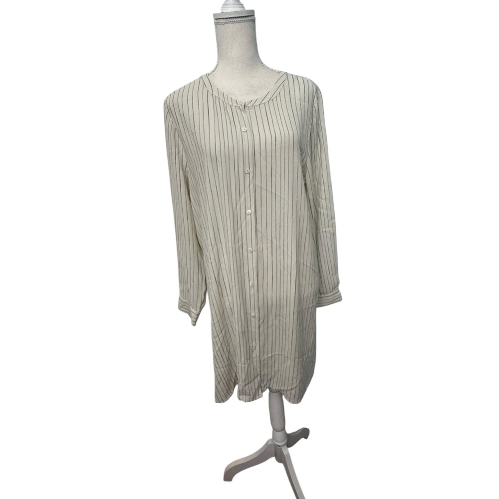 Eileen Fisher 100% Silk Pinstripe Button Front Tunic Dress Cream Black Large